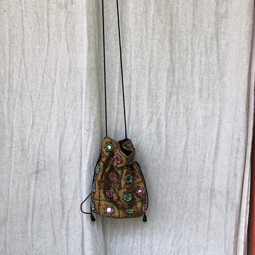 Small Olive Silk Satchel with Mirror Detail